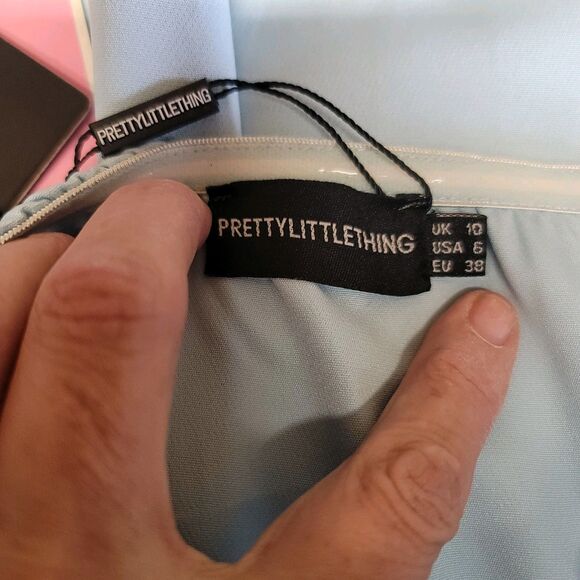 PrettyLittleThing Blue Lace Inset Hook & Eye Bardot Bodycon Dress Womens Size 6 - Picture 11 of 12